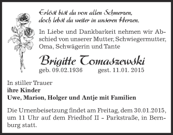Traueranzeige von Brigitte Tomaszewski von Super Sonntag Bernburg