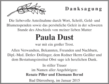 Traueranzeige von Paula Dust von Super Sonntag Merseburg