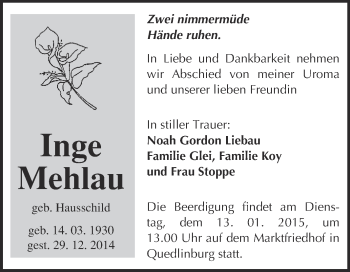 Traueranzeige von Inge Mehlau von WVG - Wochenspiegel Quedlinburg