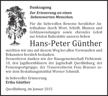 Traueranzeige von Hans-Peter Günther von WVG - Wochenspiegel Quedlinburg