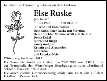 Traueranzeige von Else Ruske von Mitteldeutsche Zeitung Wittenberg