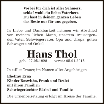 Traueranzeige von Hans Thol von Super Sonntag Bernburg