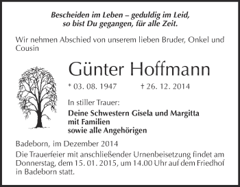 Traueranzeige von Günter Hoffmann von WVG - Wochenspiegel Quedlinburg