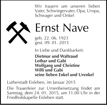 Traueranzeige von Ernst Nave von Mitteldeutsche Zeitung Mansfelder Land