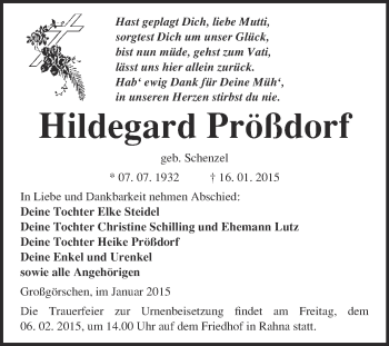 Traueranzeige von Hildegard Prößdorf von WVG - Wochenspiegel Merseburg