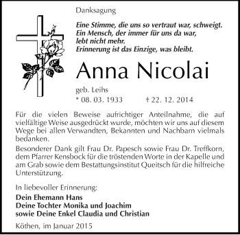 Traueranzeige von Anna Nicolai von Mitteldeutsche Zeitung Köthen