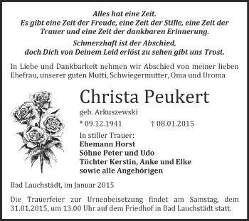 Traueranzeige von Christa Peukert von WVG - Wochenspiegel Merseburg