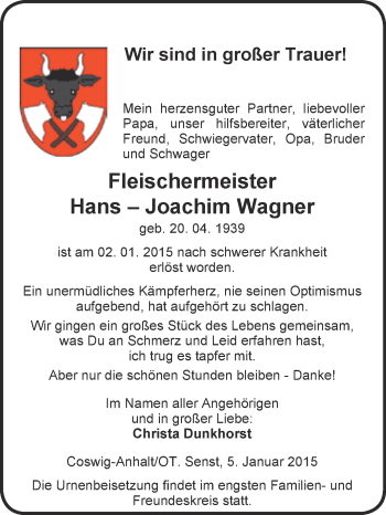 Traueranzeige von Hans-Joachim Wagner von WVG - Wochenspiegel Wittenberg