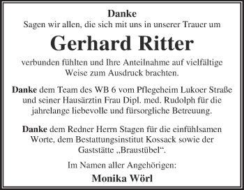 Traueranzeige von Gerhard Ritter von WVG - Wochenspiegel Dessau / Köthen