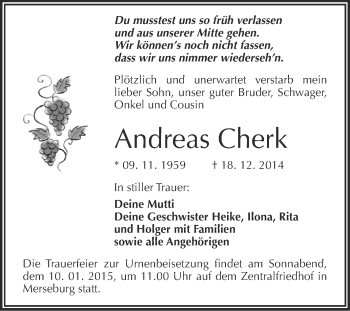 Traueranzeige von Andreas Cherk von WVG - Wochenspiegel Merseburg