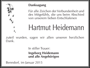 Traueranzeige von Hartmut Heidemann von Mitteldeutsche Zeitung Mansfelder Land
