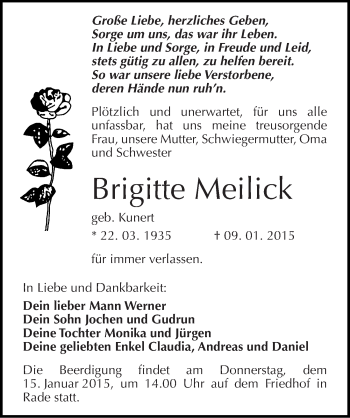 Traueranzeige von Brigitte Meilick von Mitteldeutsche Zeitung Wittenberg