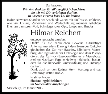 Traueranzeige von Hilmar Reichert von Mitteldeutsche Zeitung Merseburg/Querfurt