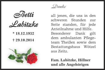 Traueranzeige von Betti Labitzke von Super Sonntag Zeitz