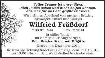 Traueranzeige von Wilfried Fräßdorf von Super Sonntag Wittenberg