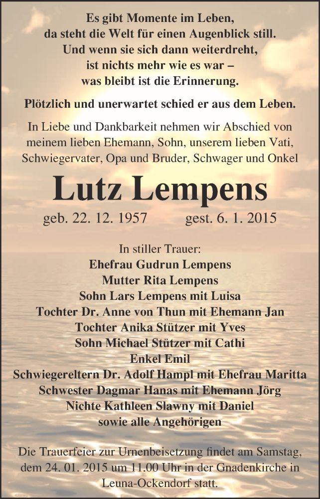  Traueranzeige für Lutz Lempens vom 18.01.2015 aus Super Sonntag Merseburg