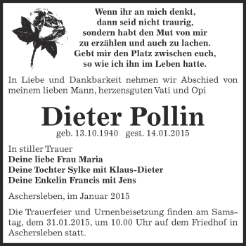 Traueranzeige von Dieter Pollin von Super Sonntag Aschersleben