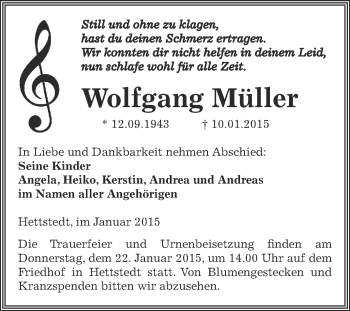 Traueranzeige von Wolfgang Müller von Wochenspiegel Mansfelder Land