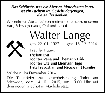 Traueranzeige von Walter Lange von WVG - Wochenspiegel Merseburg