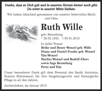Traueranzeige von Ruth Wille von Super Sonntag Aschersleben