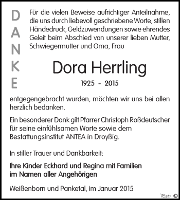 Traueranzeige von Dora Herrling von Super Sonntag Zeitz