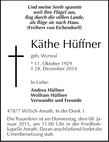 Traueranzeige von Käthe Hüffner von Mitteldeutsche Zeitung Quedlinburg