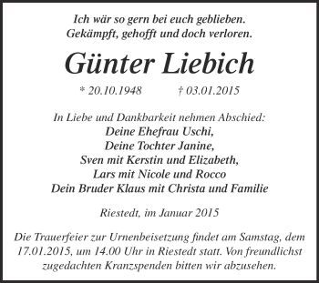 Traueranzeige von Günter Liebich von Super Sonntag SGH Mansf. Land