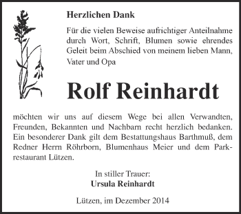 Traueranzeige von Rolf Reinhardt von WVG - Wochenspiegel Merseburg