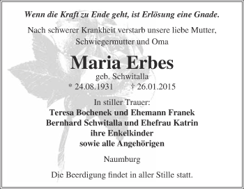 Traueranzeige von Maria Erbes von WVG - Wochenspiegel NMB / WSF / ZTZ