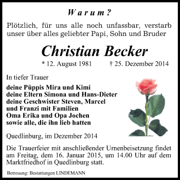 Traueranzeige von Christian Becker von Super Sonntag Quedlinburg