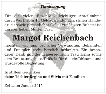 Traueranzeige von Margot Reichenbach von Super Sonntag Zeitz