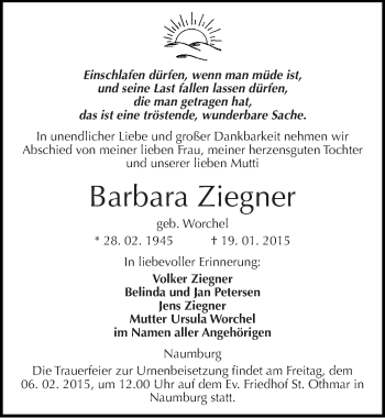 Traueranzeige von Barbara Ziegner von Mitteldeutsche Zeitung Naumburg/Nebra