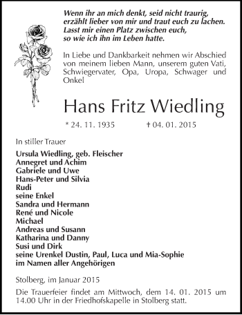 Traueranzeige von Hans Fritz Wiedling von Mitteldeutsche Zeitung Sangerhausen