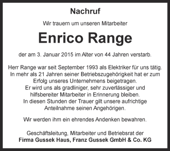 Traueranzeige von Enrico Range von WVG - Wochenspiegel Dessau / Köthen
