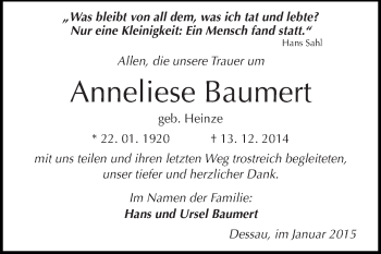 Traueranzeige von Anneliese Baumert von WVG - Wochenspiegel Dessau / Köthen