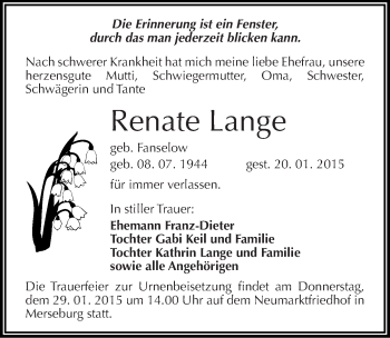 Traueranzeige von Renate Lange von Mitteldeutsche Zeitung Merseburg/Querfurt