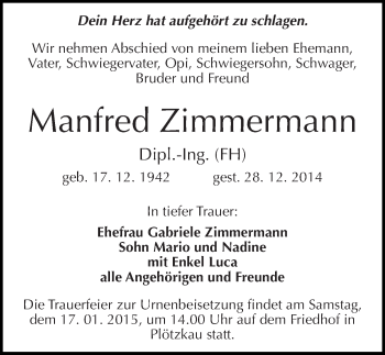 Traueranzeige von Manfred Zimmermann von Mitteldeutsche Zeitung Halle/Saalkreis