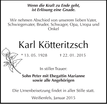 Traueranzeige von Karl Kötteritzsch von Mitteldeutsche Zeitung Weißenfels