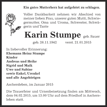 Traueranzeige von Karin Stumpe von Super Sonntag Aschersleben