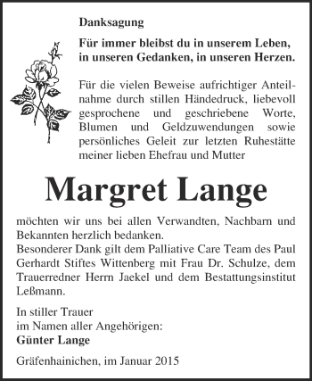 Traueranzeige von Margret Lange von WVG - Wochenspiegel Wittenberg