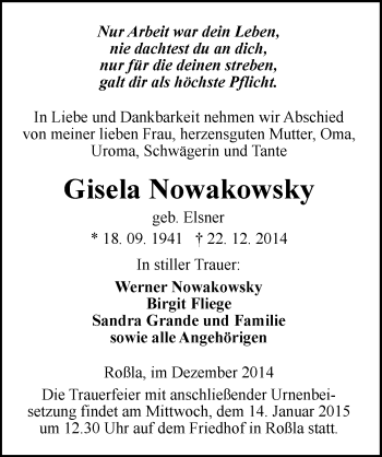 Traueranzeige von Gisela Nowakowsky von Mitteldeutsche Zeitung Sangerhausen