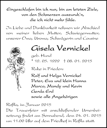 Traueranzeige von Gisela Vernickel von Mitteldeutsche Zeitung Sangerhausen