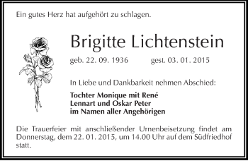 Traueranzeige von Brigitte Lichtenstein von Mitteldeutsche Zeitung Halle/Saalkreis