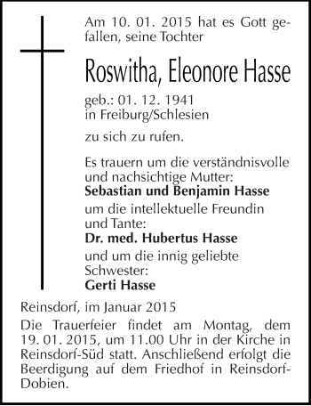 Traueranzeige von Roswitha Eleonore  Hasse von Mitteldeutsche Zeitung Wittenberg