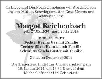 Traueranzeige von Margot Reichenbach von Super Sonntag Zeitz