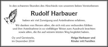 Traueranzeige von Rudolf Harbauer von WVG - Wochenspiegel NMB / WSF / ZTZ