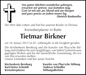 Traueranzeige von Tietmar Birkner von Mitteldeutsche Zeitung Bernburg