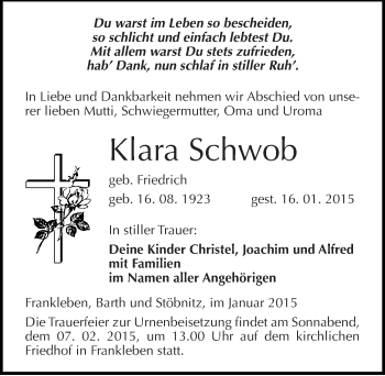 Traueranzeige von Klara Schwob von Mitteldeutsche Zeitung Merseburg/Querfurt