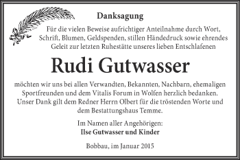 Traueranzeige von Rudi Gutwasser von WVG - Wochenspiegel Bitterfeld