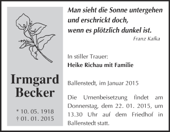 Traueranzeige von Irmgard Becker von WVG - Wochenspiegel Quedlinburg